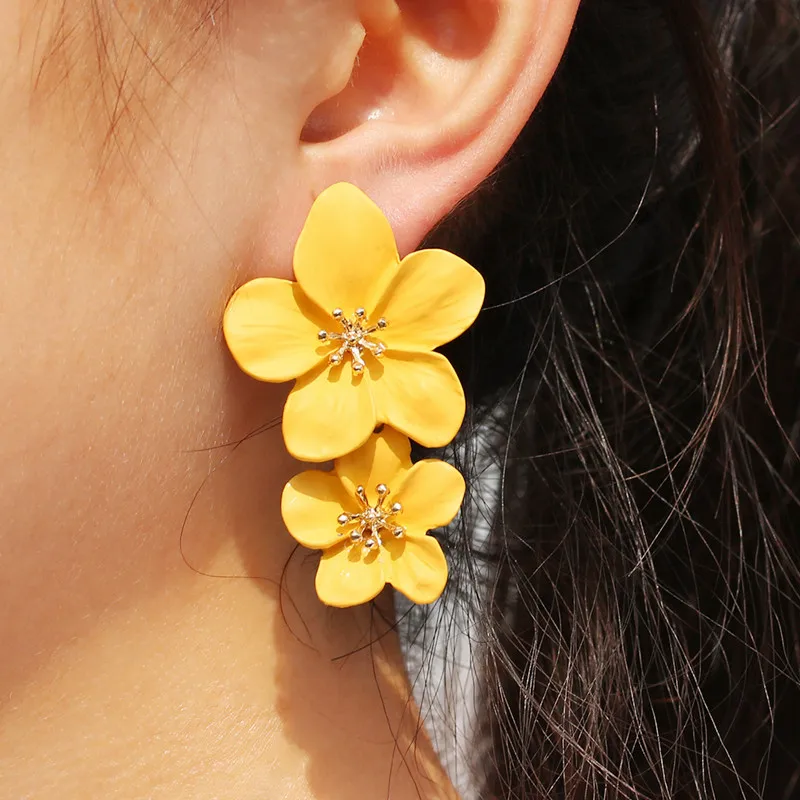 Drop Earrings Korean Big Double Flower For Woman Summer Beach Party Metal Statement Ear Boho Fashion Jewelry Girl Gift,dangle earrings,drop earrings,flower earrings,long earrings