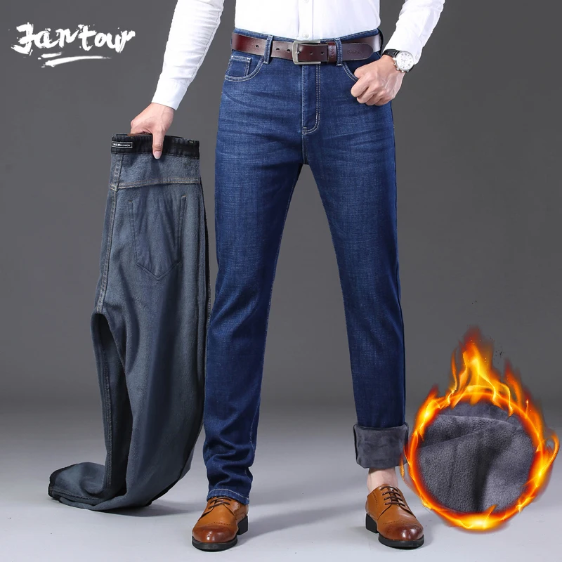 

Winter Men's Warm Fleece Jeans men Stretch Casual Straight Thick Denim Flannel Jeans Blue Soft Pant Trousers Plus Size 29-42 44