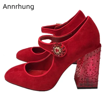 

Crystal Flower Buckle Shallow Shoes Woman Velvet Heel Pumps Square Toe Clear Fretwork High Heels Wedding Shoes Zapatos De Mujer