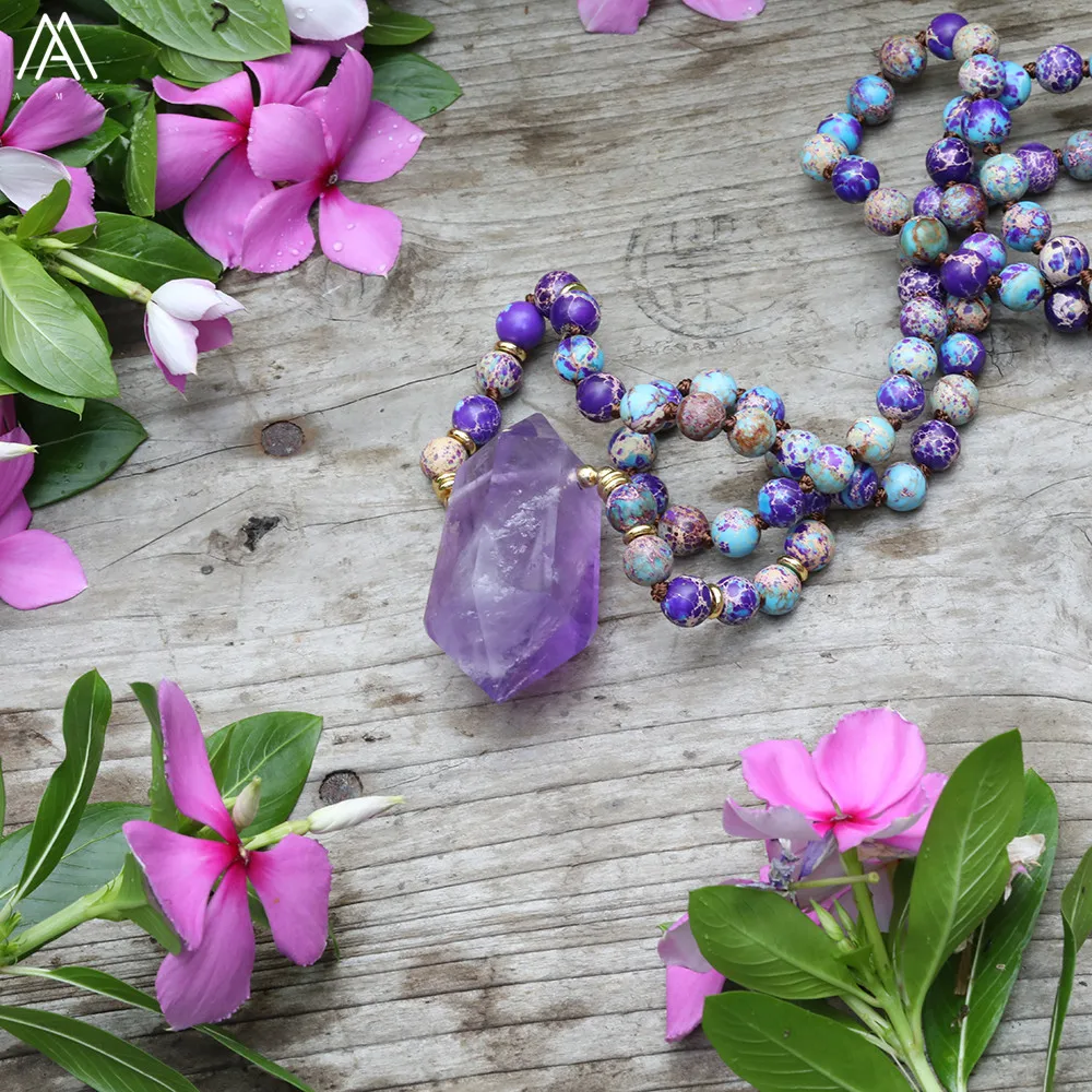 Natürliche Amethyst-Stein-Halskette mit Doppelspitzen-Anhänger, Meeressediment-Jaspis-Perlen, Handgeknüpfte Halskette, Yoga-Schmuck, Boho-Geschenk – Detail 18