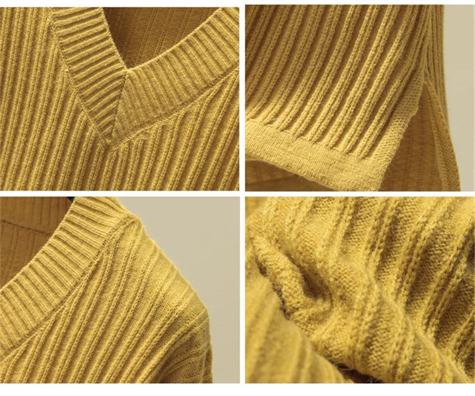 Полосатый трикотаж, Однотонный свитер с v-образным вырезом, свободный, мягкий, вязаный, пуловер, длинный рукав, модный, Sueter Mujer, женская зимняя Новинка