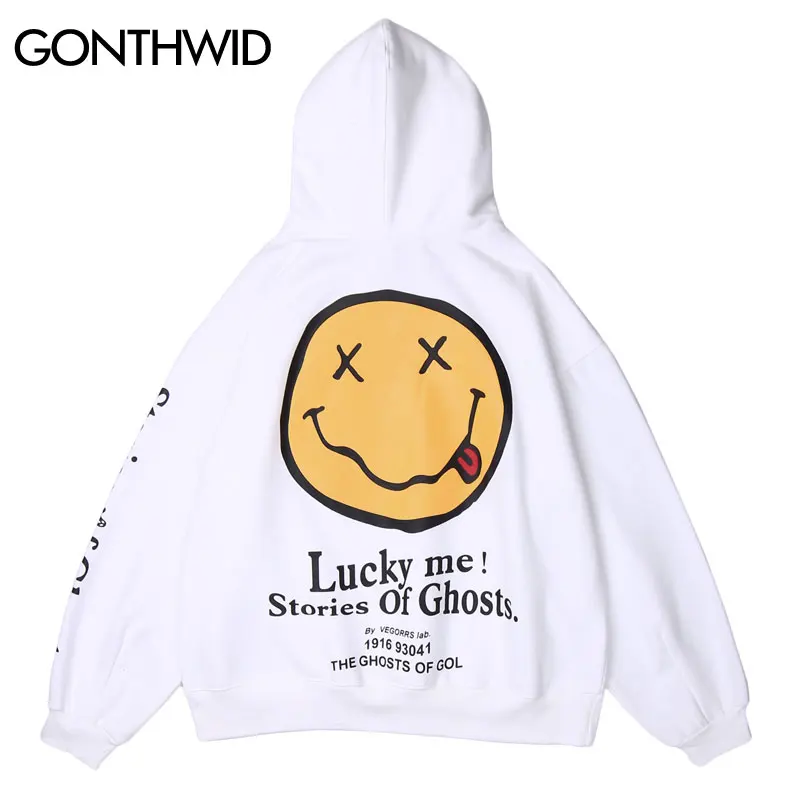 GONTHWID Lucky Me Smile Face Print Fleece Hooded Sweatshirts Hoodies Harajuku Fashion Casual Pullover Tops Streetwear Hip Hop