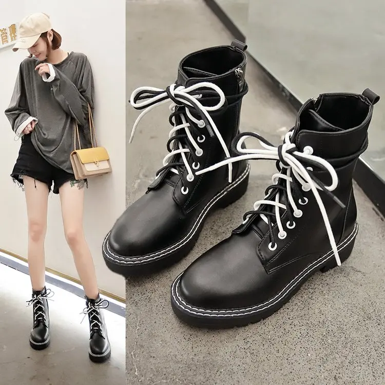 

Lady Boots Winter Shoes Women Lace Up Round Toe Luxury Designer Ladies 2019 Rubber Rock Black Autumn Med Lolita Fashion Ankle