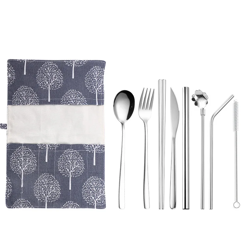 Портативный набор Dinneware 304 нож из нержавеющей стали набор ложек и вилок палочки для еды набор серебряных изделий радужные дорожные столовые приборы с мешочком - Цвет: silver 9pcs set2
