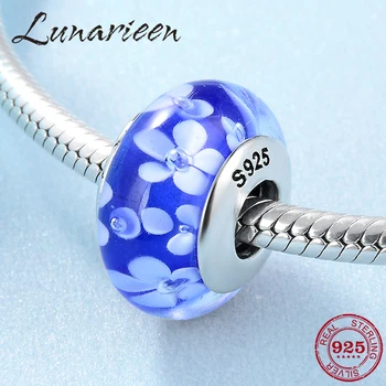 

New 925 Sterling Silver pleasant white Flowers poetry Lampwork Charms Murano Glass Beads Fit Original Pandora Charm Bracelet