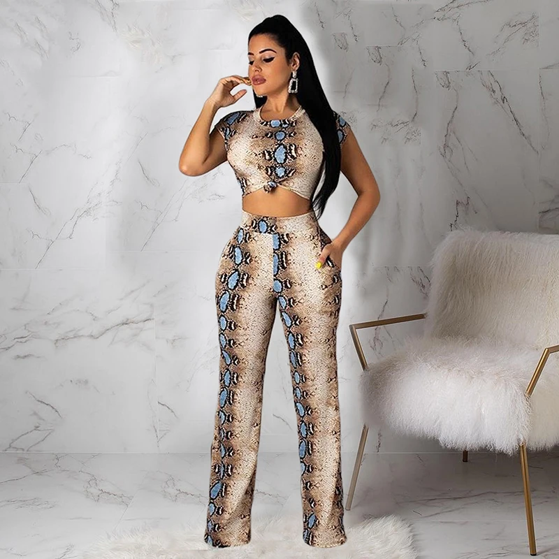 

Women Two Piece Set Sexy Snakeskin Printed O Neck Short Sleeve Crop Tops High Waist Trousers Matching Outfits Femme Fashion Sets
