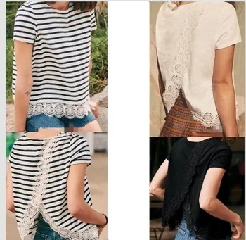 

Women T-Shirt Split Back Lace Panel Short-Sleeve O-neck Stripe Solid color T-Shirt