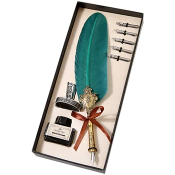 

1Set Retro Vintage Calligraphy Feather Pens Cute Feather Ballpoint Pens Kawaii Plush Ball Pens for Writing