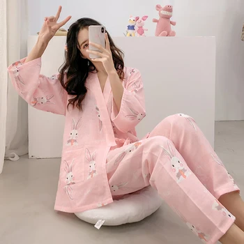 

post-natal pregnant women breast-feeding pajamas summer bunny pineapple and kimono long-sleeved cotton gauze home wear