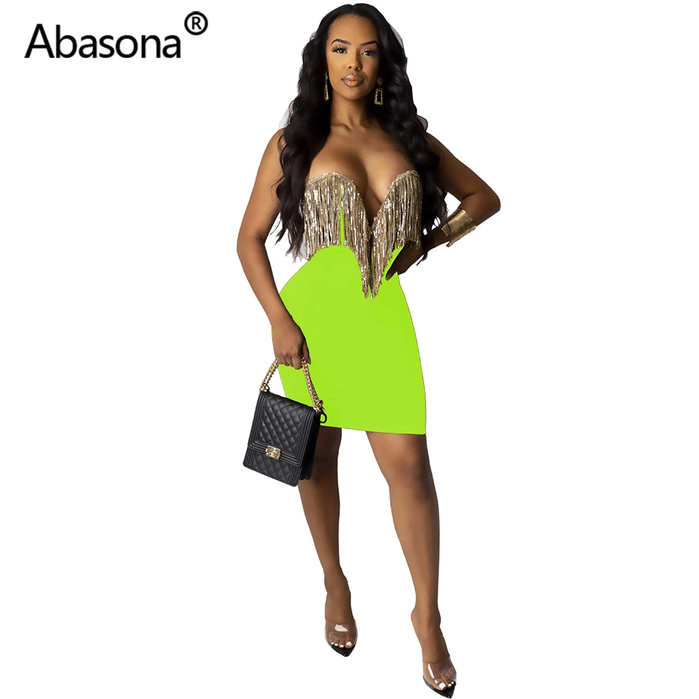 Abasona, Осеннее женское платье без бретелек, с блестками, с кисточками, с глубоким вырезом на спине, облегающее мини-платье, женские сексуальные платья для вечеринок, Vestidos