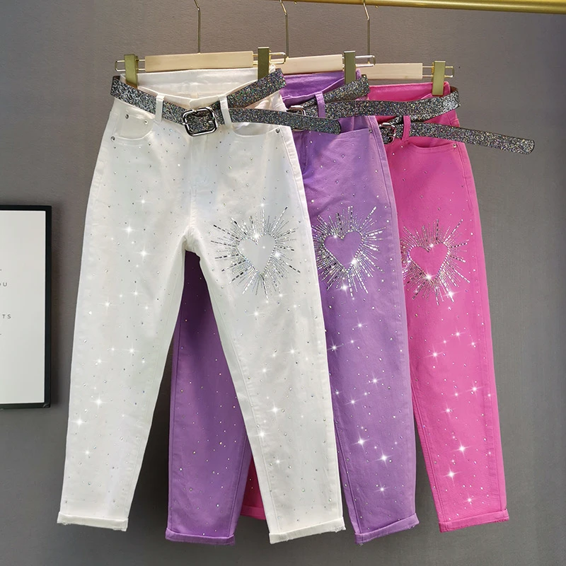 Purple Jeans for Women 2020 Summer New European Streetwear Elastic High Waist Heavy Rhinestones Candy-Colored Nine Jeans Femme Purple Jeans for Women 2020 Summer New European Streetwear Elastic High Waist Heavy Rhinestones Candy-Colored Nine Jeans Femme