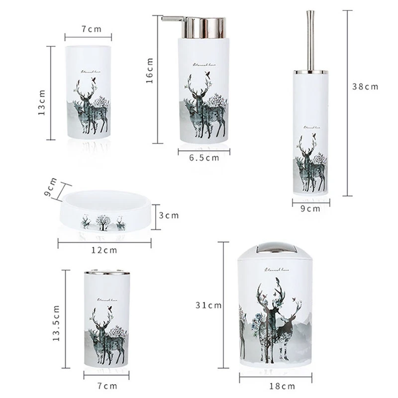 

Nordic 6Pcs/Set Printing Bathroom Accessory Set Lotion Dispenser Toothbrush Holder Tumbler Cup Soap Dish Toilet Brush Trash Can