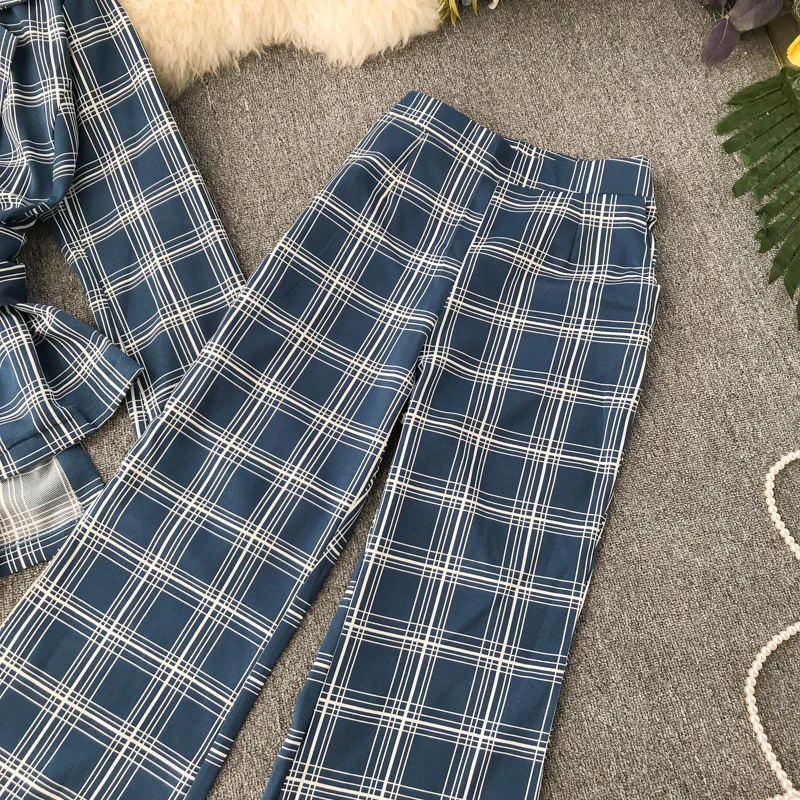 Neploe Temperament Office Work Style 2 Pcs Women Set Slim Waist Plaid Irregular Blazer+ High Waist Hip Horn Trousers Autumn47334
