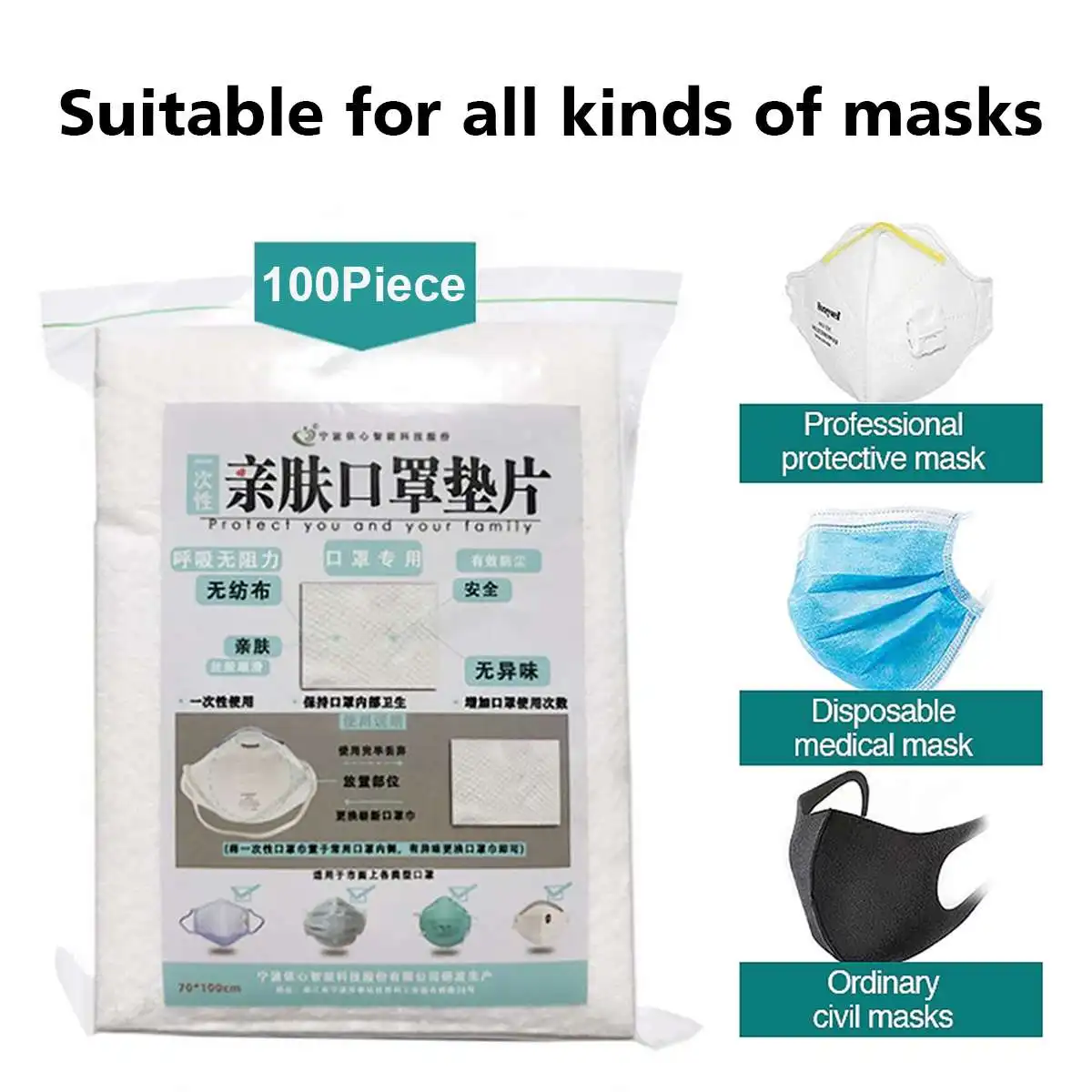 

100pcs Disposable Filter Pad for Kids Adult Face Mask Respirator Dustproof Anti PM2.5 Suitable for N95 KN95 KF94 Masks
