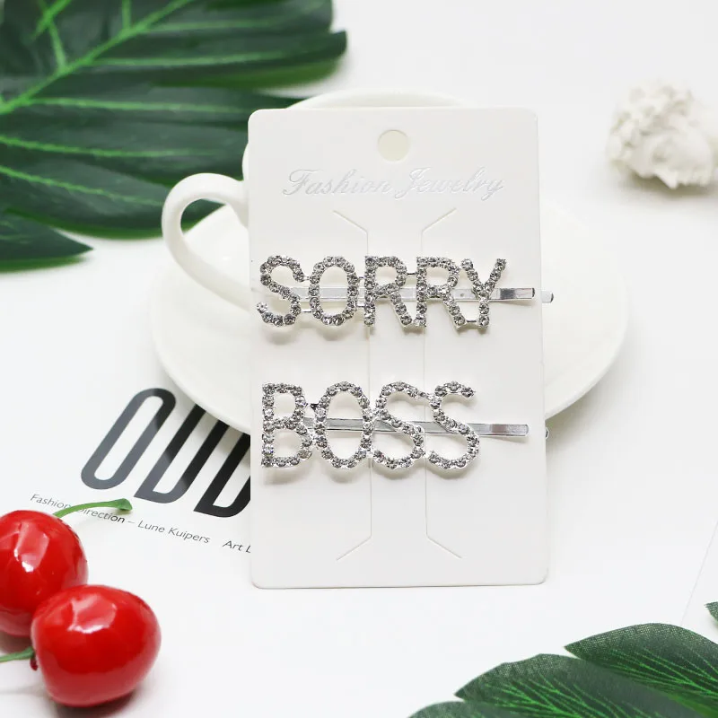 SORRY BOSS Корейская мода ins стиль заколка для волос боковые буквы из кристаллов заколки для волос для женщин заколки для волос аксессуары для волос для девочек - Цвет: SORRY BOSS