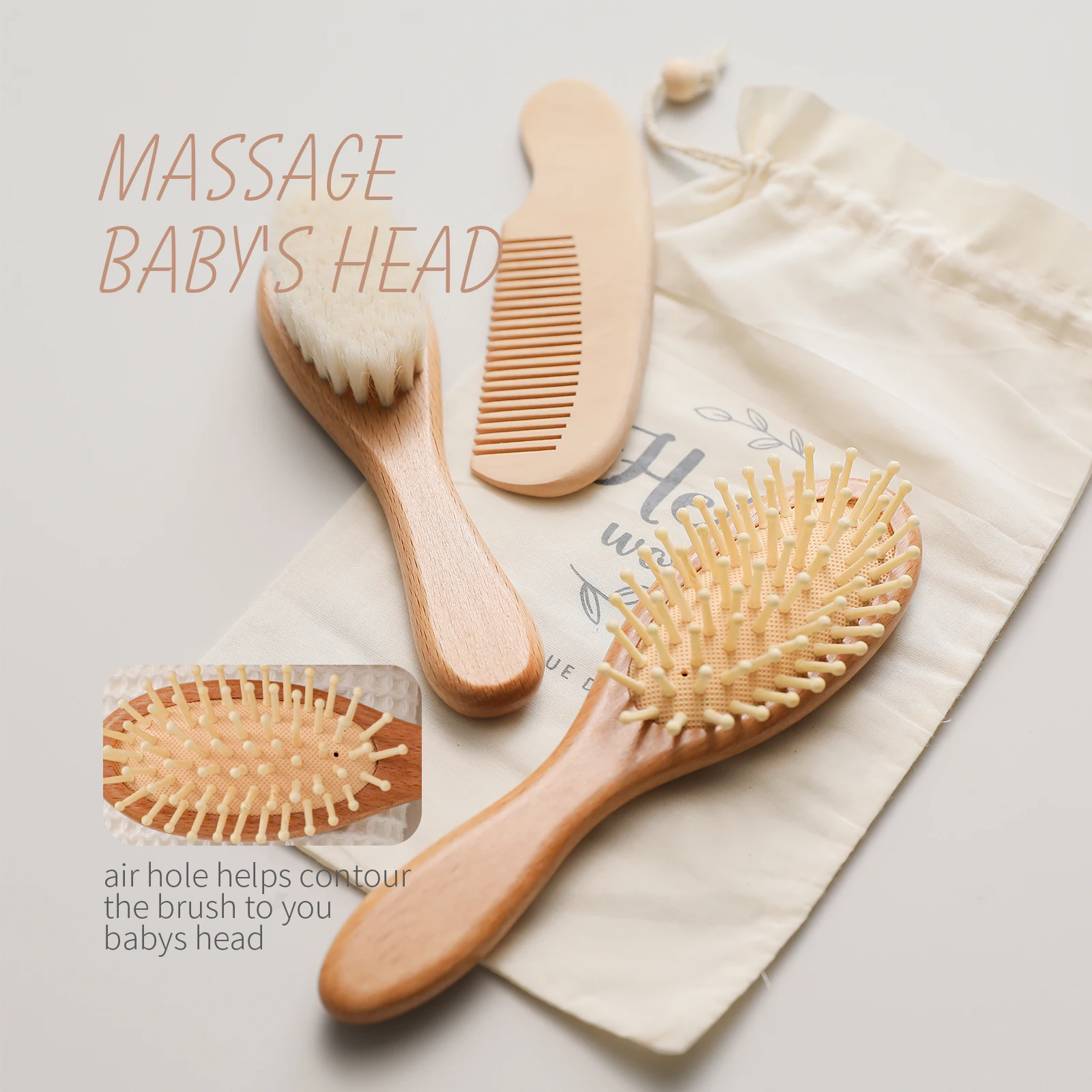 occobaby 3-piece wooden baby hair brush and comb set