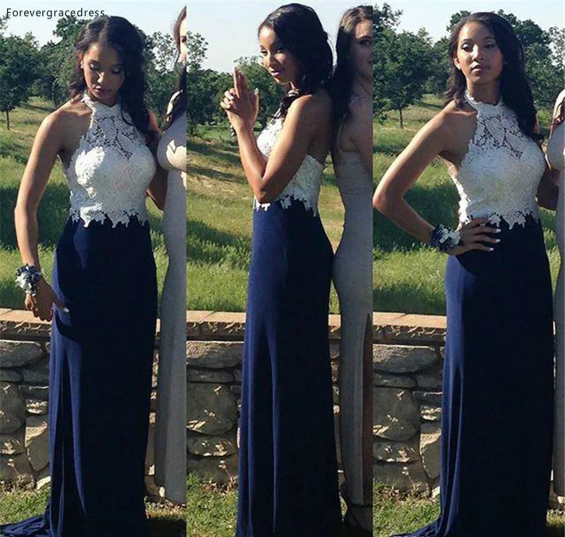 2k16 Sexy Halter Navy Blue Black Girls Mermaid Prom Dresses 2016 White Sheer Lace Neck Vestidos De Fiesta Girls Formal Party Evening Gowns 121