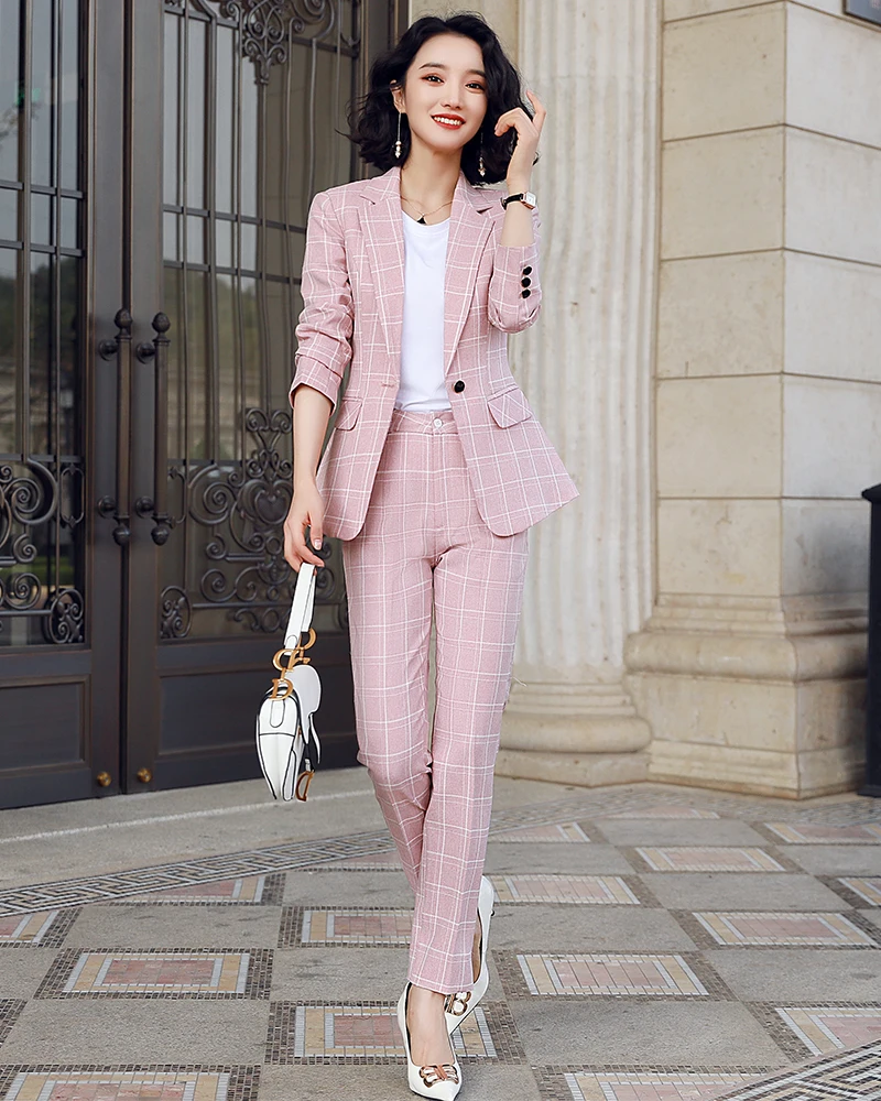 Casual Plaid Pant Suit Women S-5XL Female Blazer Suit Pink White Black Jacket Coat And Pant 2 Piece Set
