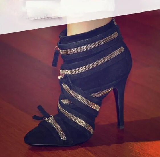 

Sexy Metal Zipper Crossed Women High Heel Ankle Boots Pointe Toe Ladies Zip Decor High heels Boots