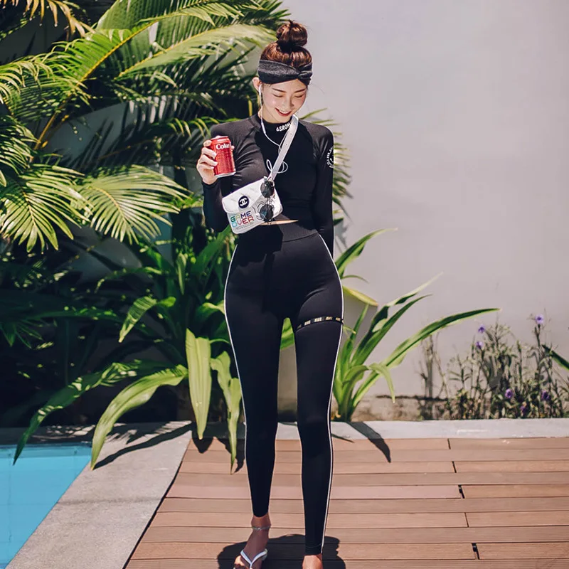 

2020 Korean Style New Style Swimwear Black And White with Pattern Sun-resistant Slimming Long Sleeve Trousers Split Type Women's