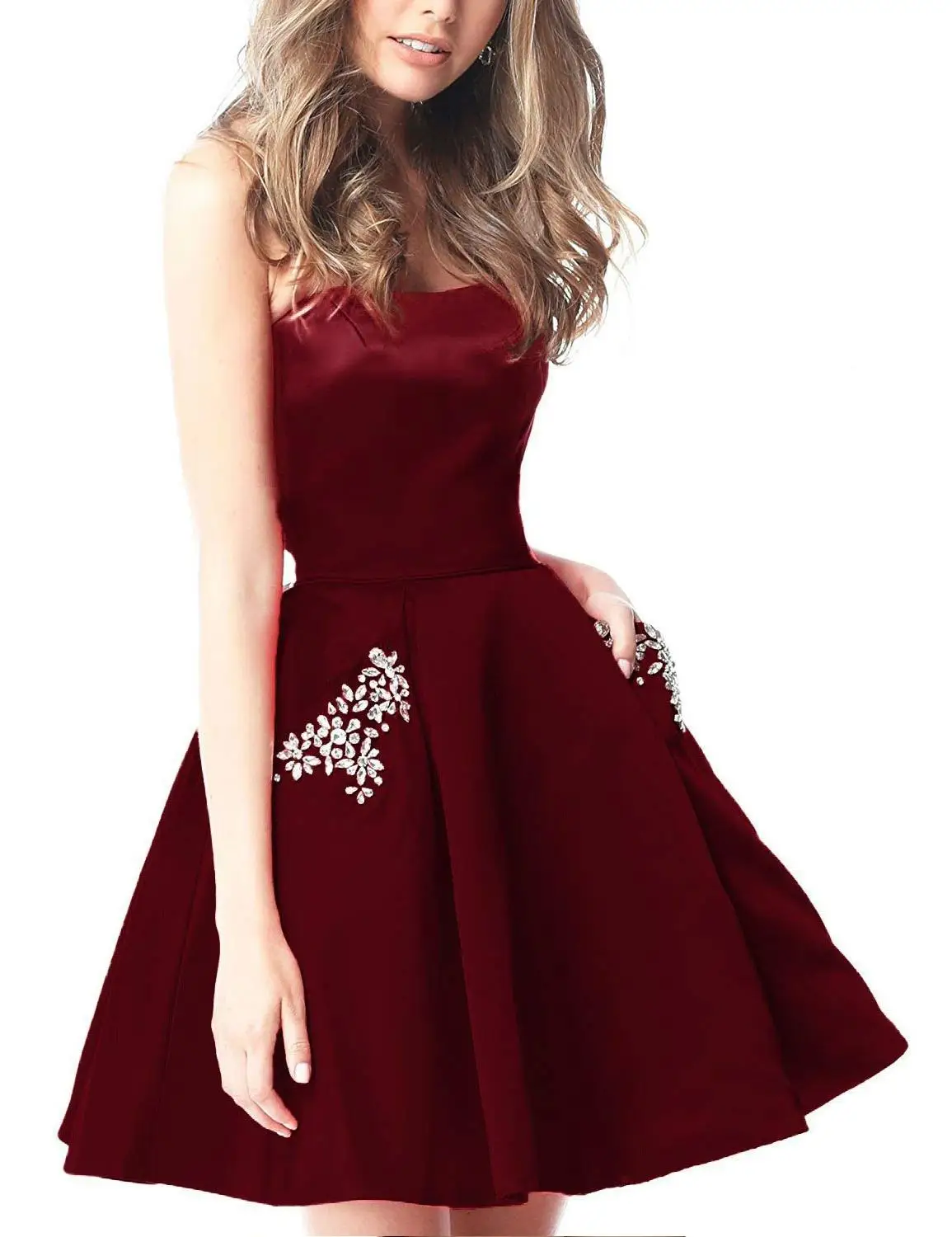 Robe De Soiree сексуальные короткие коктейльные платья с кристальными карманами, атласные вечерние платья, Короткие мини платья для выпускного вечера - Цвет: Burgundy