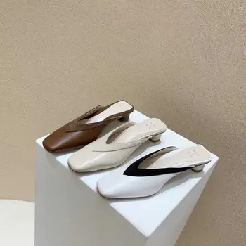 

Shoes Slippers Casual Med Loafers Square heel Cover Toe Women Heels Flock Female Mule Slides Luxury Block Pointed High Mules