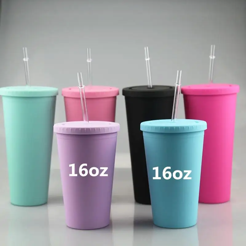 Colored Double Wall Clear Plastic Acrylic Tumblers With  Lids and Straws 