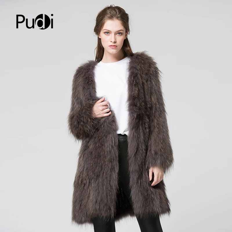 

CT7011 knit Real raccoon fur coat jacket overcoat women's winter warm genuine fur coat outwear Dark grey 80 cm length