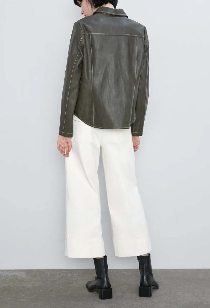 Autumn Solid color Women Faux Leather blouse Single breasted Loose Female PU jacket Turn Down collar coats Chic YNZZU YO981