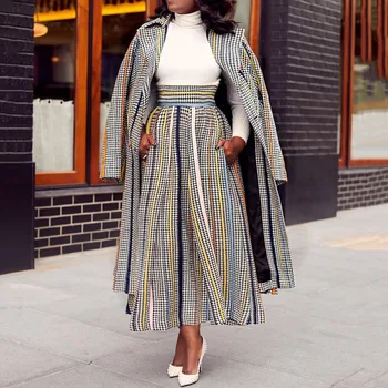 

2019 Autumn Winter Set Women 2 Two Piece Sets Elegant Office Ladies Plaid Long Trench Coat Wide Leg Pants Suit Plus Size Outfits