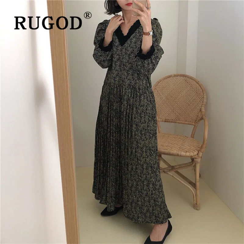 Женское плиссированное платье RUGOD корейское ретро-Платье макси с длинными