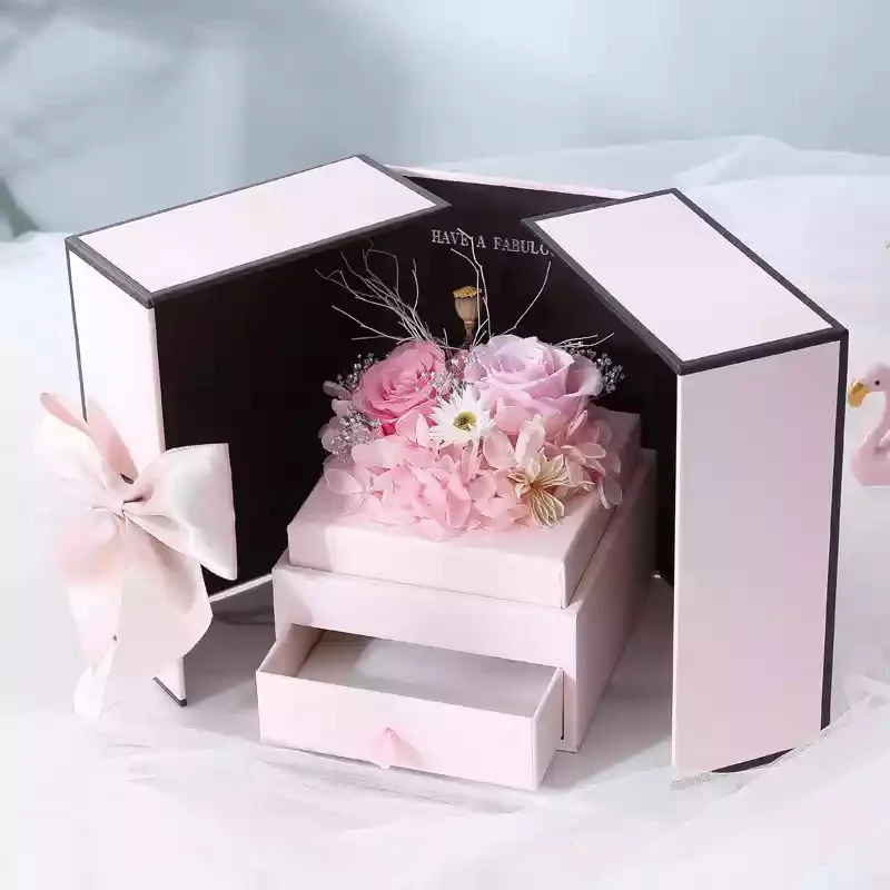 Flower Pink Valentine's Day Gifts Artificial Flowers Teddy Bear Rose Two Door Gifts Box Girlfriend Birthday Women Anniversary Wedding gifts - Color: Flower Pink