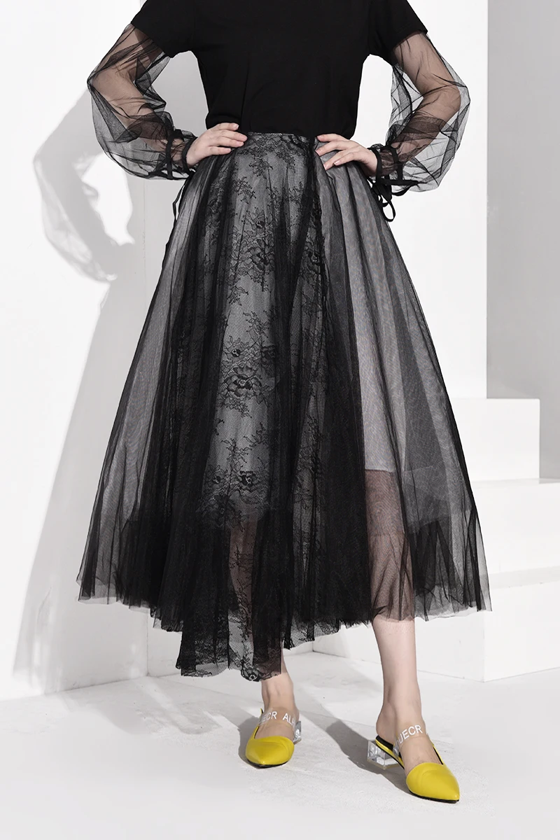 [EAM] черная многослойная сетчатая юбка с высокой талией, женская модная юбка на половину тела, Новинка весна-осень JT1360