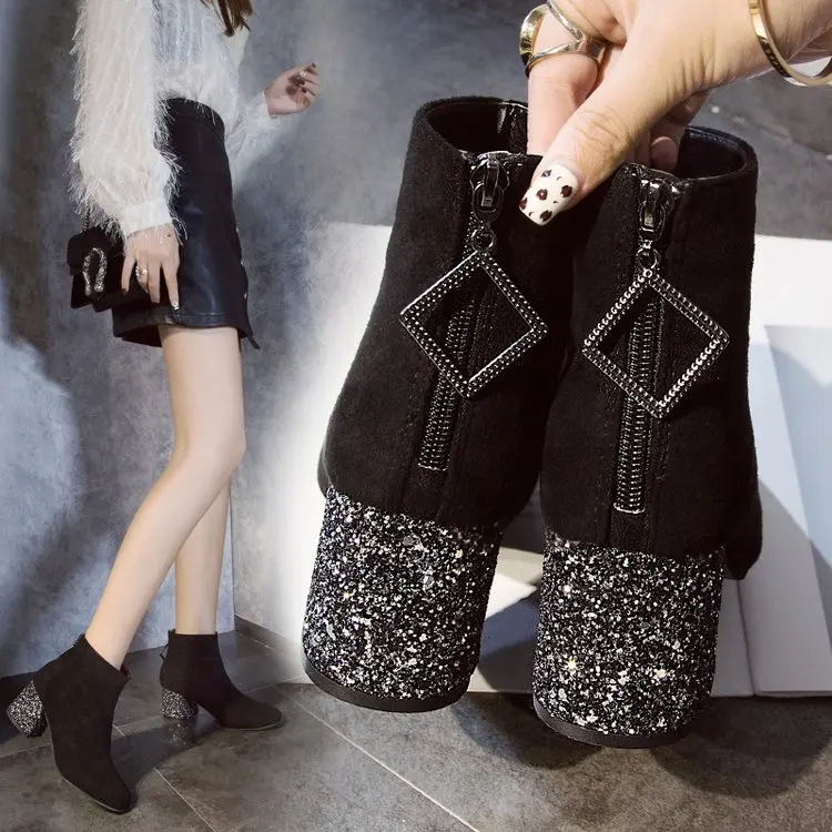 

Women's shoes 2019 new autumn and winter warm boots thick with shiny zipper Chelsea booties
