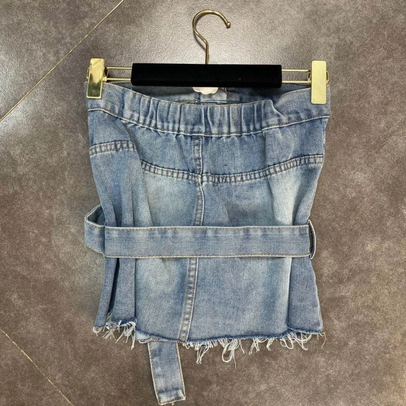 

Топ женский джинсовый без рукавов, пикантная однобортная приталенная рубашка с поясом, модная уличная одежда с кисточками, лето