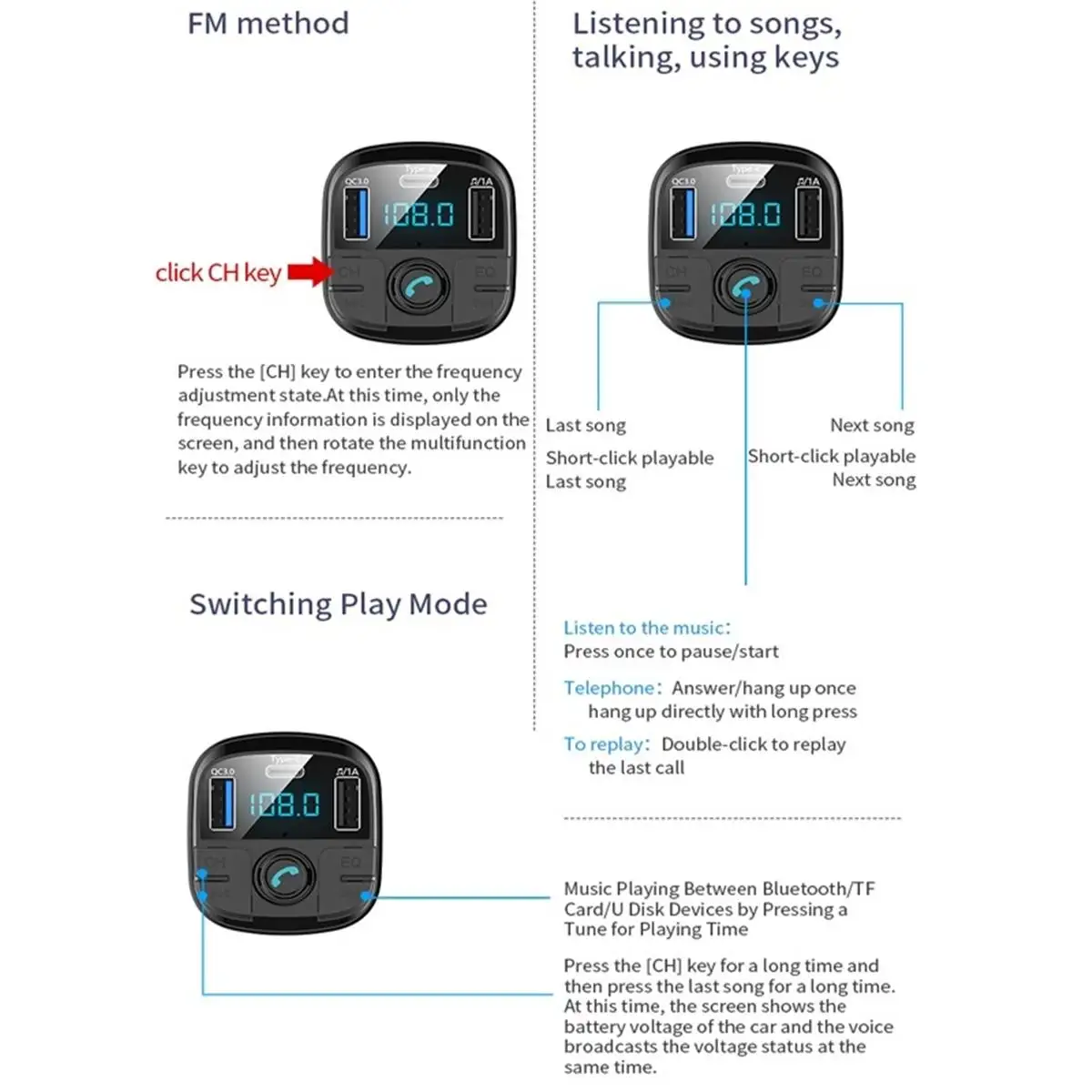 New bluetooth Car Kit Wireless FM Transmitter Handsfree Music Playing Type-C Charging Port Support TF Card / U Disk hands free