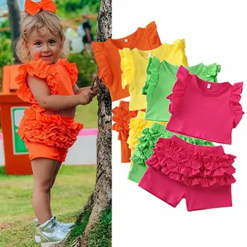 

2020 New Brand Summer Baby Girls Cotton Clothes Newborn Baby Girls T-shirt Ruffles Top + Shorts Pants Sunsuit Girl Clothes Sets