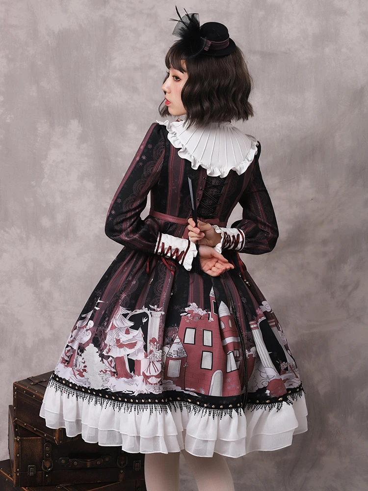Готическая Лолита викторианское платье Чай Вечерние одежда на Хэллоуин, костюмы для женщин с длинным рукавом Kawaii стиль сладкий лоли юбка размера плюс