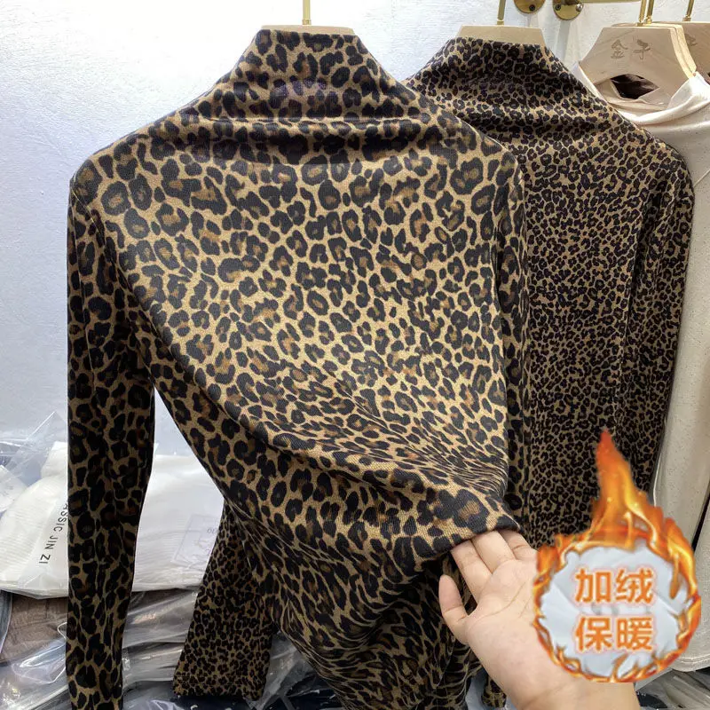 

Half high collar Leopard Print Long Sleeve T-Shirt autumn winter net red elastic long sleeve small shirt bottom coat