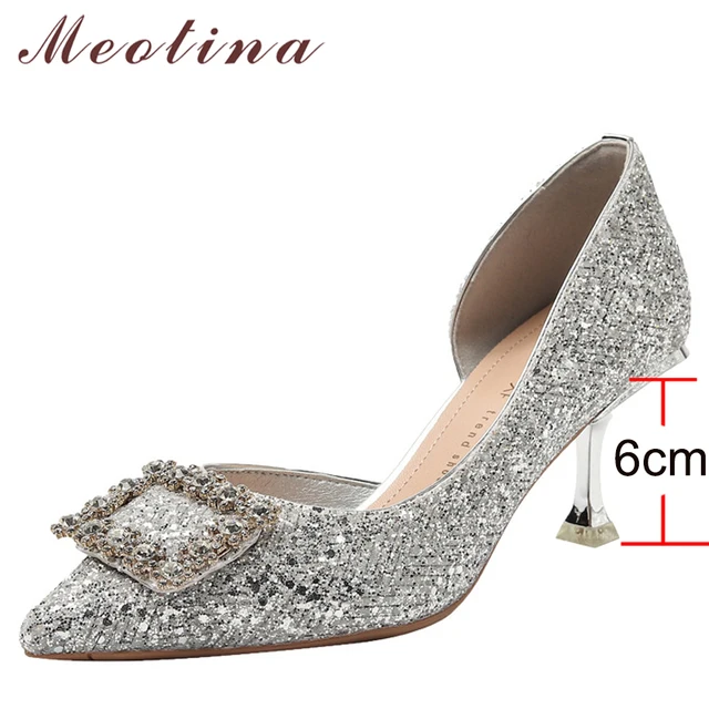 Meotina Woman Fashion Shoes Ponted Toe Thin High Heels Crystal Pumps Elegant Style Party Ladies Footwear Autumn Champagne Silver 2
