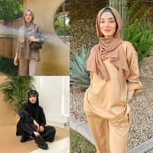 

Solid Two Piece Muslim Sets Hijab Dress Eid Mubarak Abaya Dubai Turkey Islam Abayas for Women Tops Pants Suit Musulman Ensembles