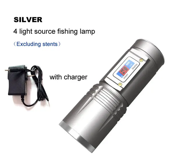 Ultra Bright Eagle Eye Zoom LED Light for Fish 18650 Waterproof Blue White Yellow Purple Flashlight Torch Digital Power Display silver