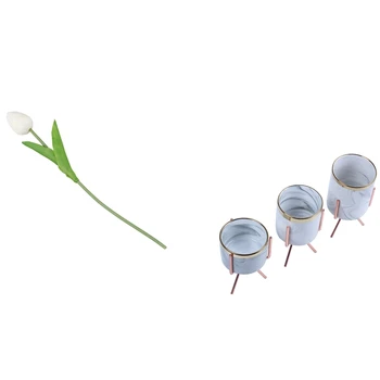 

6 Pcs Tulip Artificial Flower Home Decor & 1 Set Nordic Marble Pattern Vase Ceramic Iron Vases