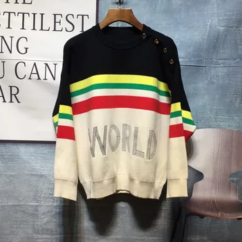 

CAMIA 2020 summer women's hoodies rainbow striped pullover long-sleeved letter button decorative pullover women sweatshirt