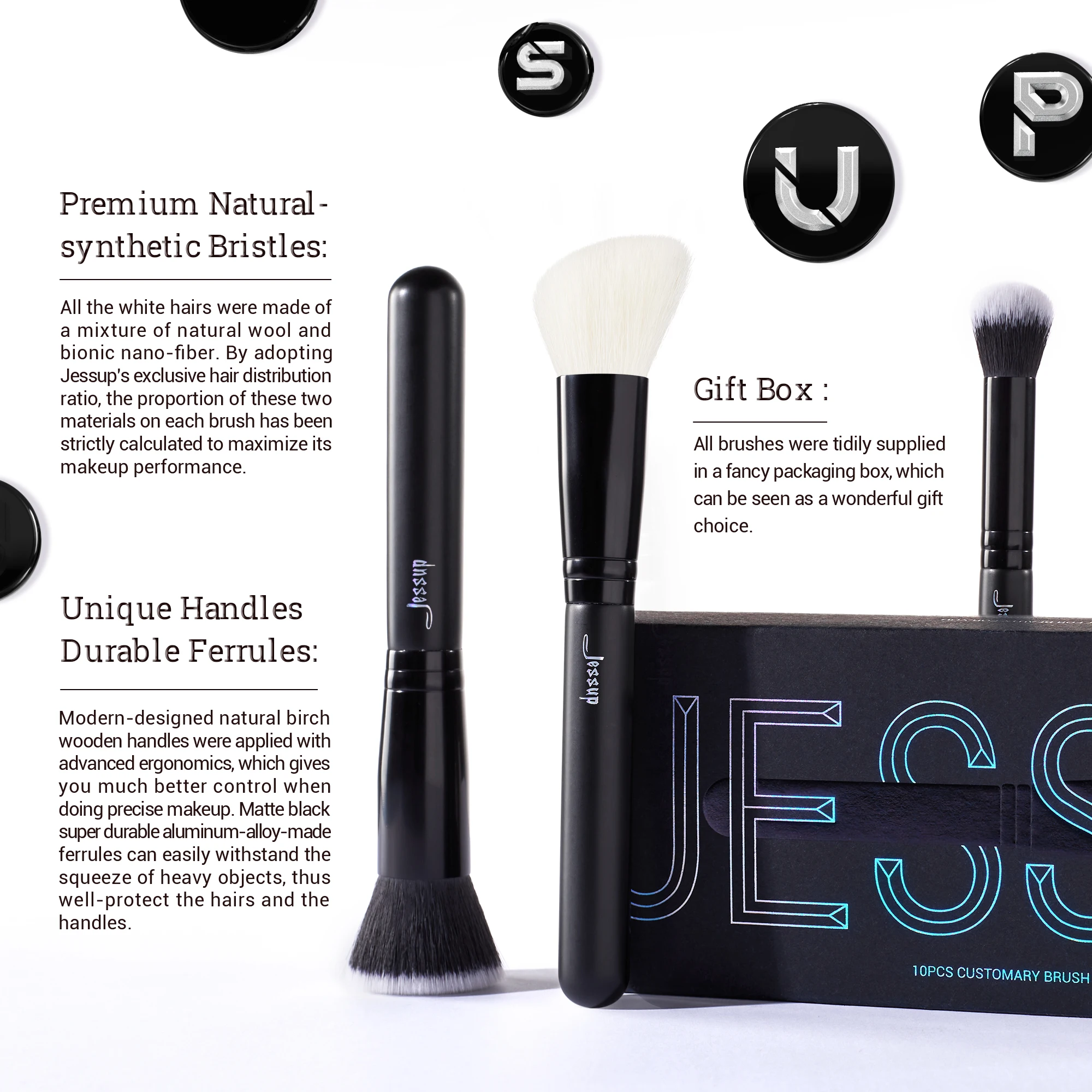 Jessup Makeup Brushes Set 10pcs Powder Foundation Eyeshadow Eyeliner Brush with Mixed Goat Hair Concealer Blush Eyebrow Broach 4