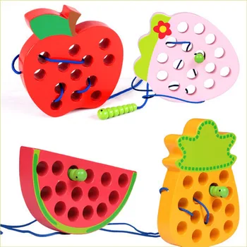 

Puzzle Wooden Toy Threading Game Insects Wear Rope Intersting Worm Eat Fruit Apple Copy Early Education Baby Toys