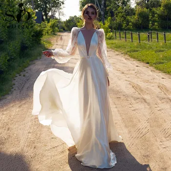 

Boho Wedding Dress Lace Illusion Long Sleeves A Line Country Bridal Dresses 2020 Sexy V Neck Backless Satin Bridal Gowns