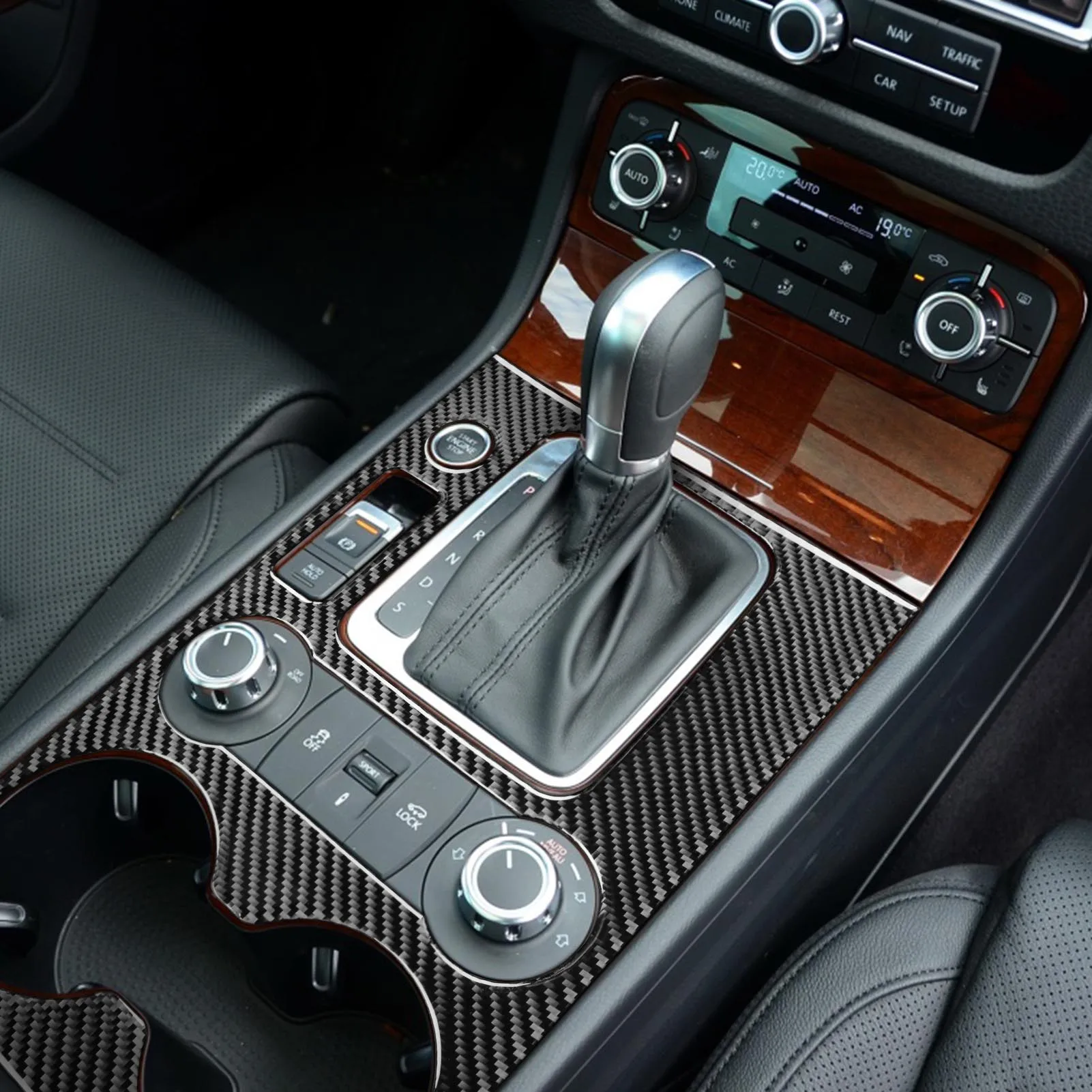 

Carbon Fiber Car Interior Center Control Gear Shift Panel Water Cup Holder Sticker Cover Frame Trim For VW Touareg 2011-2018