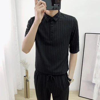 

Suit Male Single Breasted Suit Black White Stripe Casual Set Half Part Sleeve Shirt Men Summer Costume Business Slim Fit Suit