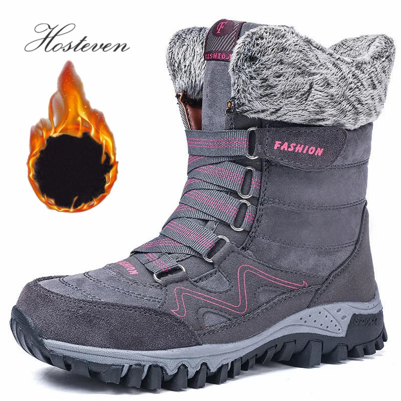 

Hosteven Boots Women High Quality Leather Winter Boots Women Bootee Keep Warm Water Proof Platform Boots